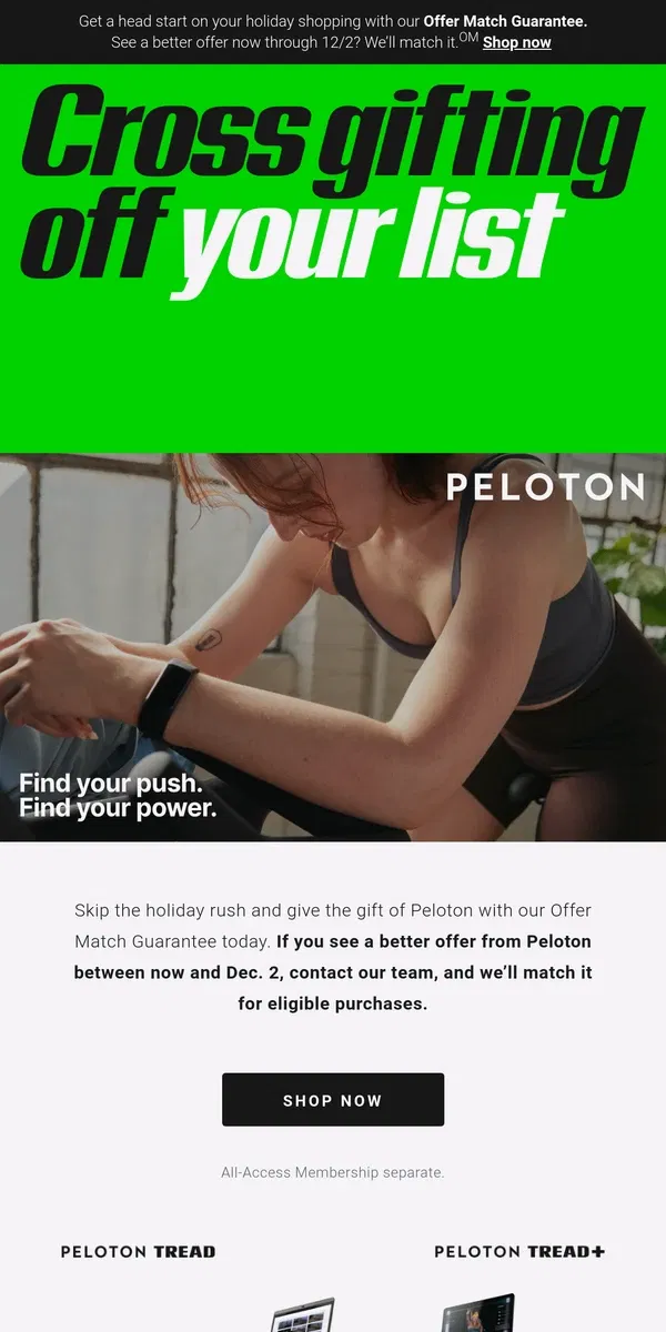 Email from Peloton. Shop early with our Offer Match Guarantee