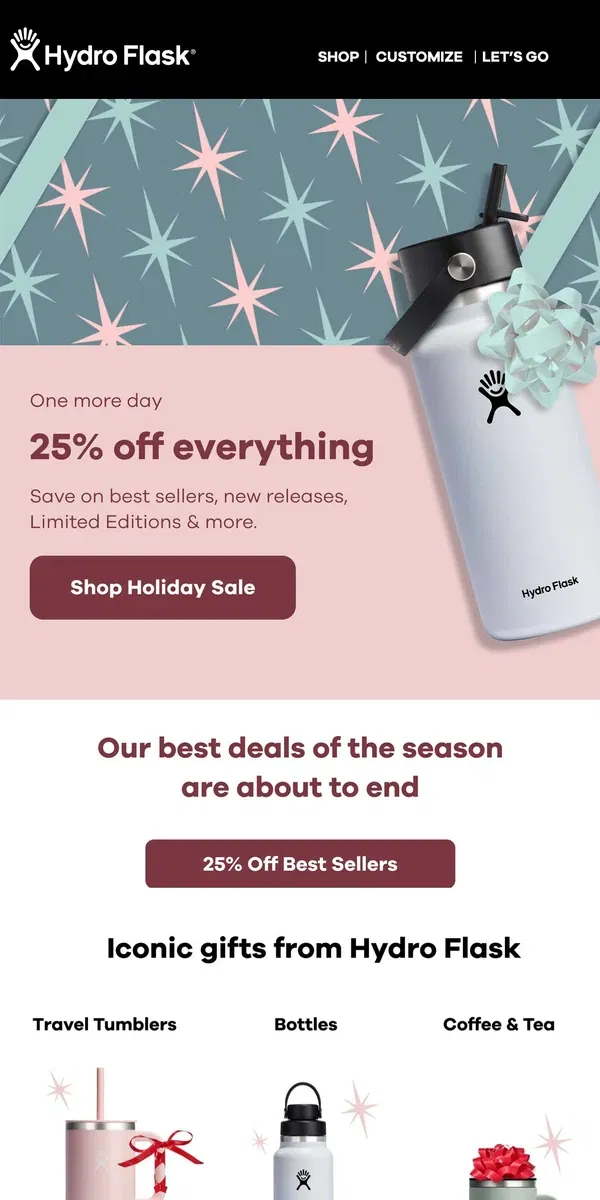 Email from Hydro Flask. 25% off everything ends soon