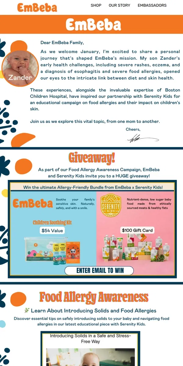 Email from EmBeba. 🌈 Discover, Win, Learn - Join EmBeba's Allergy Awareness & Exclusive Giveaway with Serenity Kids! 🎉🍽️