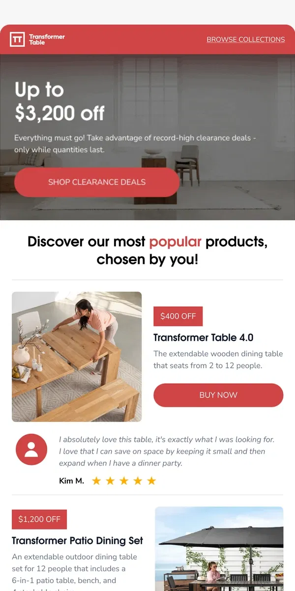 Email from Transformer Table. End of season steals; up to $3,200 off! 🔥