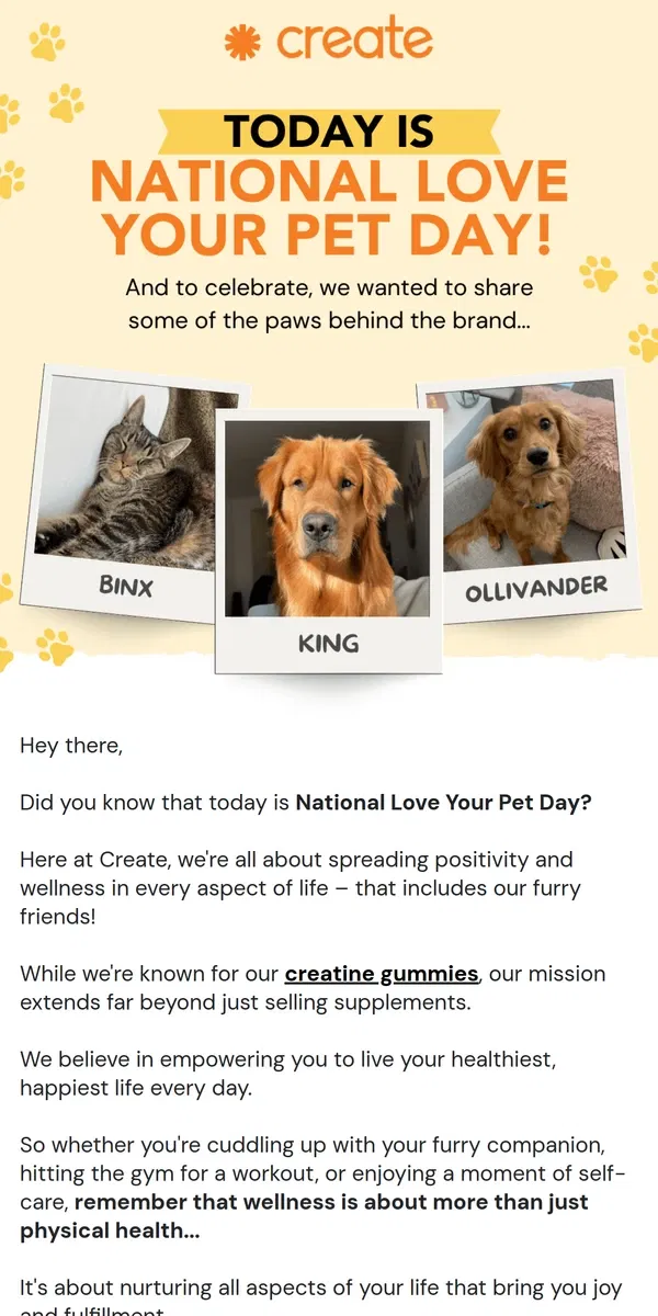 Email from Create Wellness. It's National "Love Your Pet" Day! 🐾