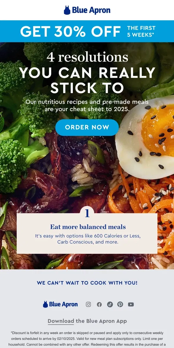 Email from Blue Apron. Get 30% OFF resolution-ready meals.