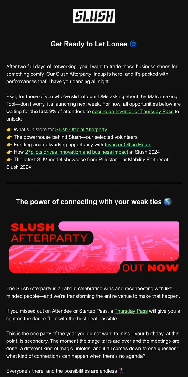 Email from Slush. Afterparty Lineup Out Now 💃