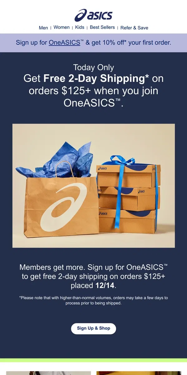 Email from ASICS. ENDS TONIGHT! Free 2-day shipping when you join OneASICS™.