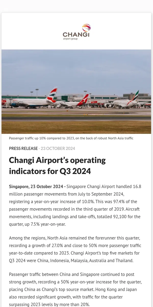 Email from Changi Airport. Changi Airport’s operating indicators for Q3 2024