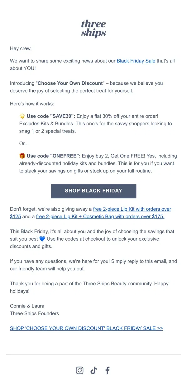 Email from Three Ships Beauty. New: 'Choose Your Own Discount'