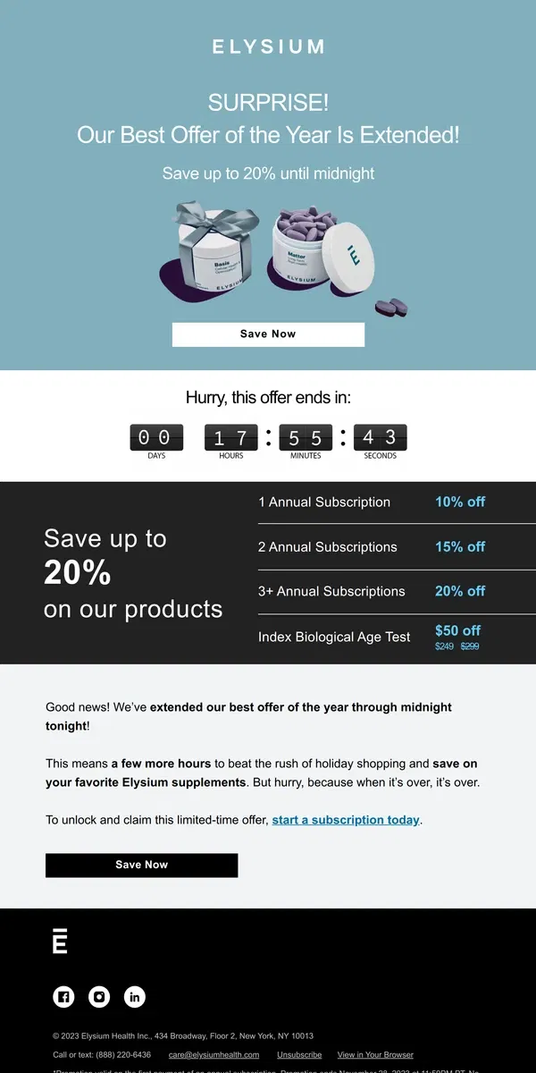 Email from Elysium Health. SURPRISE 🎉 20% off EXTENDED!