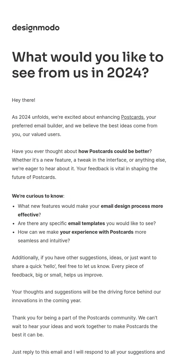 Email from Designmodo. What would you like to see from us in 2024?