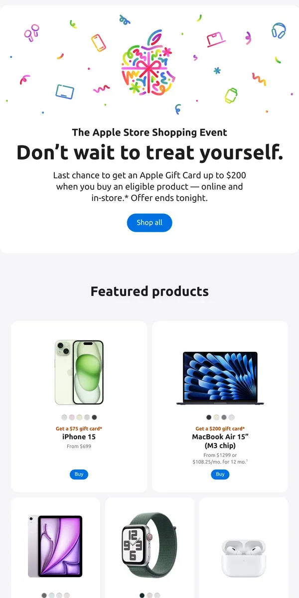 Email from Apple. ⌛️ The Apple Store Shopping Event ends tonight.