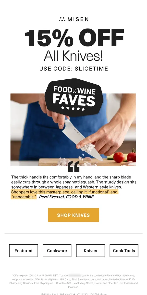 Email from Misen. Today only! Take 15% off all knives!