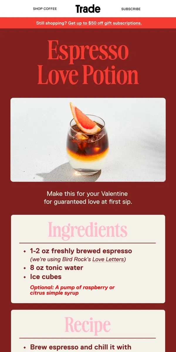 Email from Trade Coffee. A love potion recipe 🍸