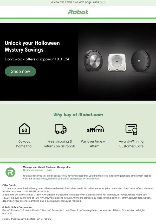 Email from iRobot. Trick or Treat? Halloween Mystery Savings inside.