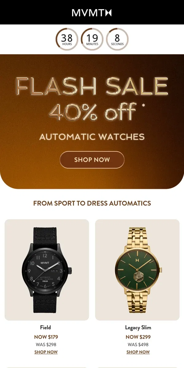 Email from MVMT. 40% Off All Automatic Watches