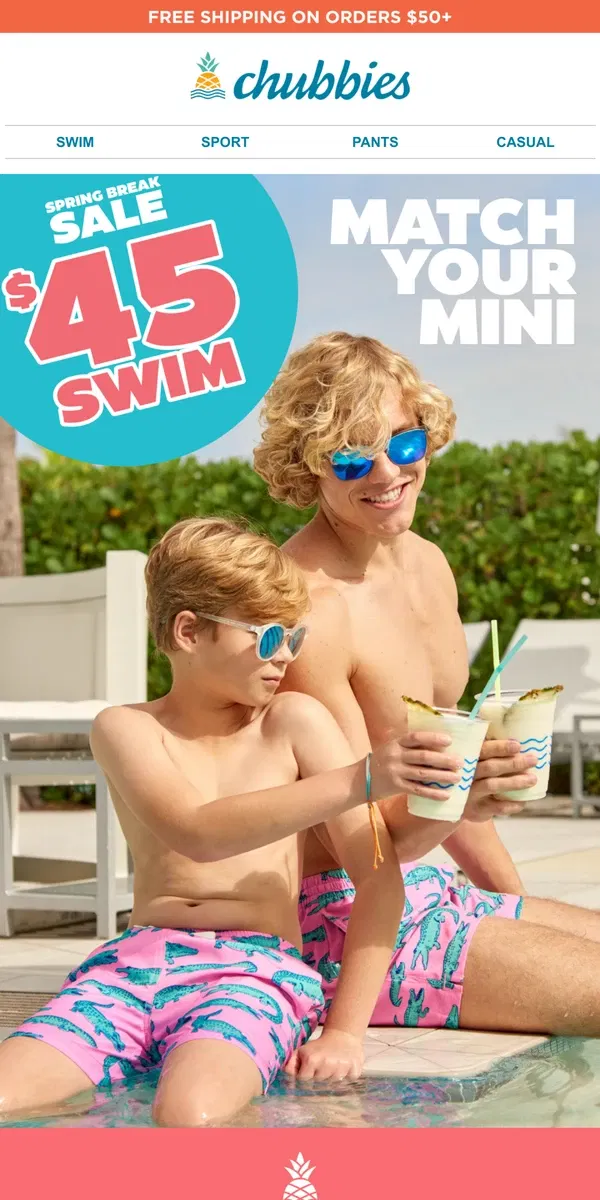 Email from Chubbies Shorts. Happy lad, happy dad - especially with $45 MATCHING SWIM TRUNKS