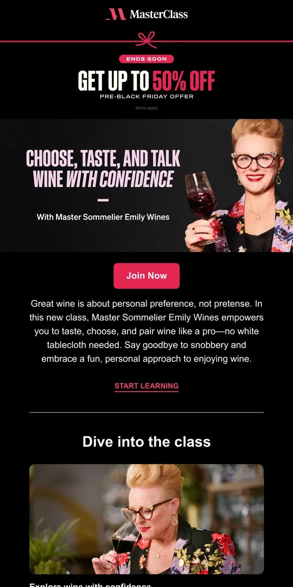 Email from Masterclass. NEW: Don’t let wine intimidate you