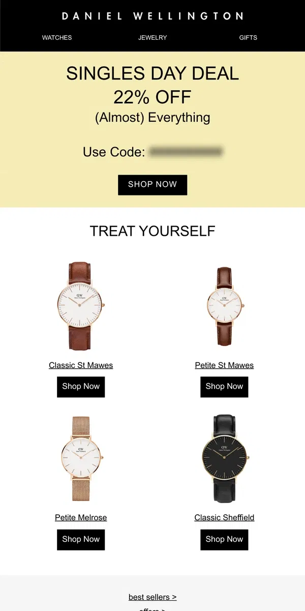 Email from Daniel Wellington. 22% OFF | Treat Yourself!