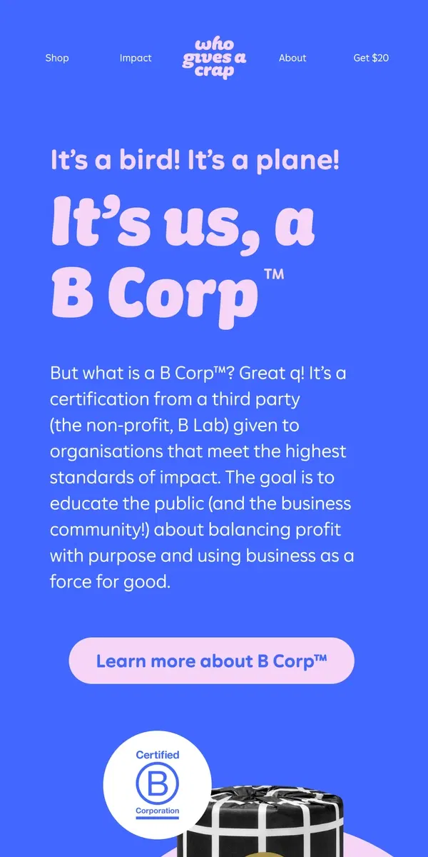 Email from Who Gives A Crap. How is B Corp™ status like a superpower?