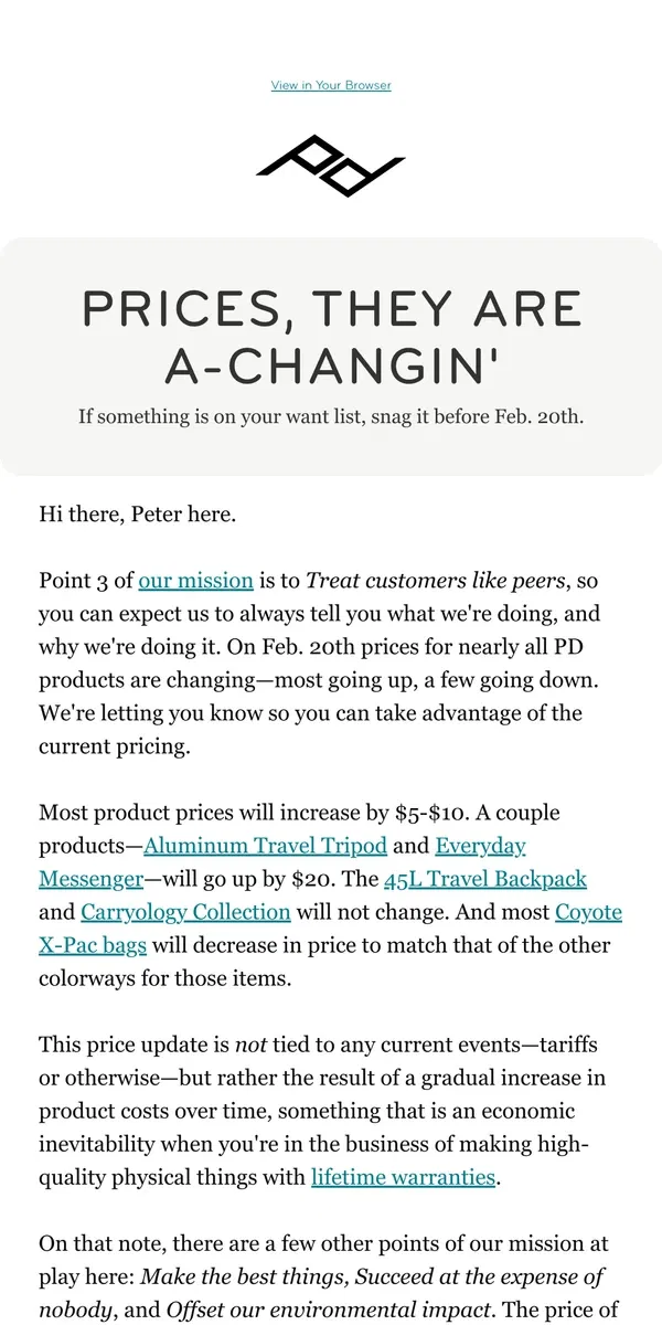 Email from Peak Design. Feb 20th Price Changes