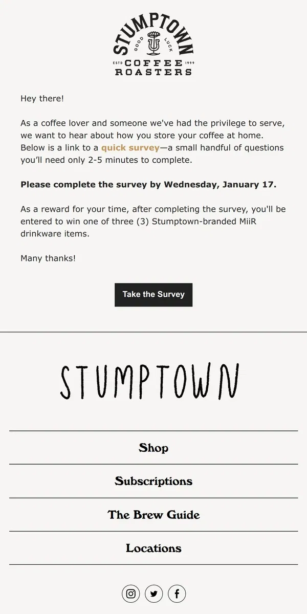 Email from Stumptown Coffee Roasters. We'd like to hear from you