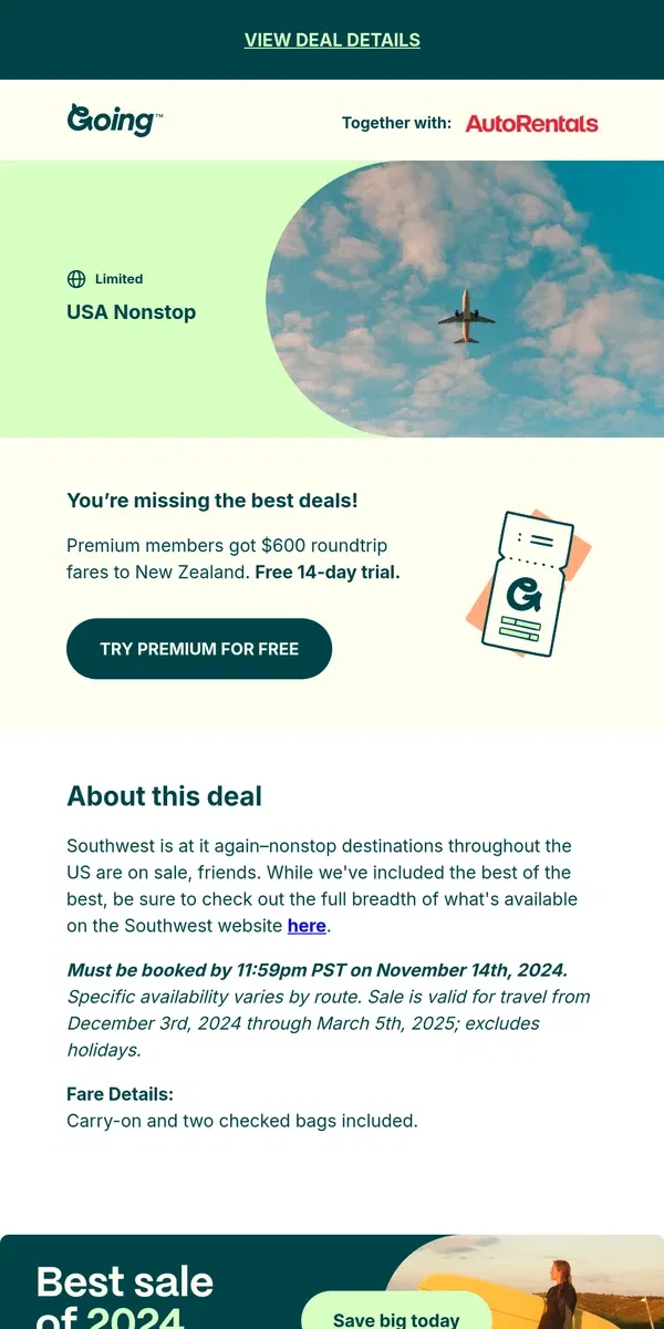 Email from Going. 🎉 *nonstop, free bags* USA —  $128 to $199 (Dec-Feb)