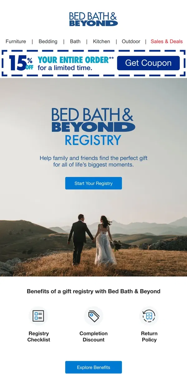 Email from Bed Bath & Beyond. Register for Life's Biggest Moments 🥂