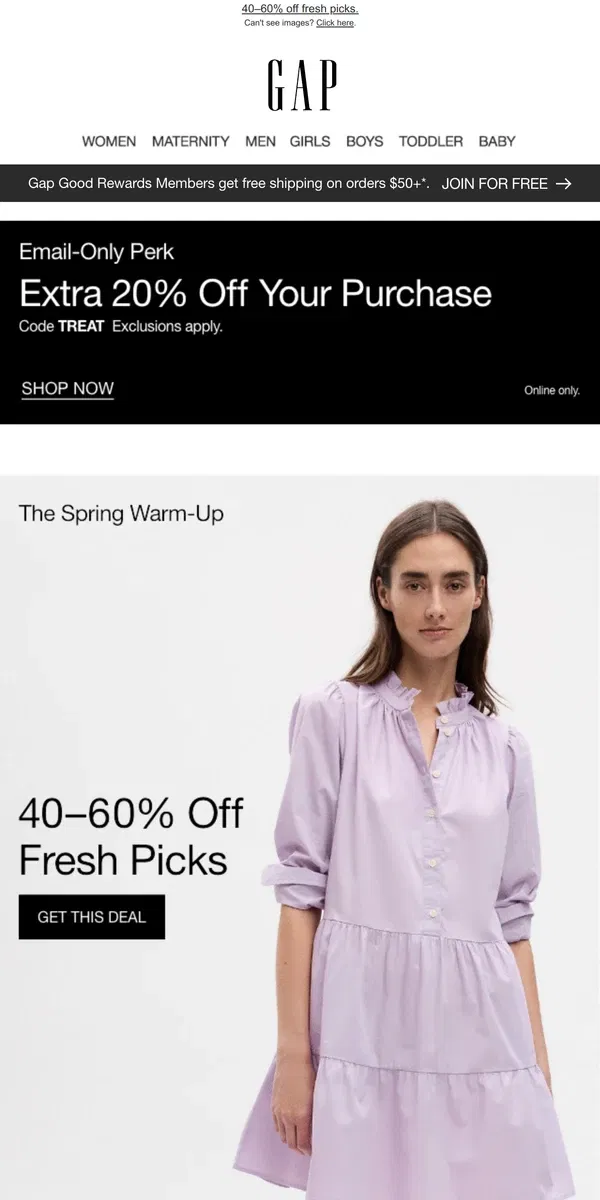 Email from GAP. Re: 40–60% OFF