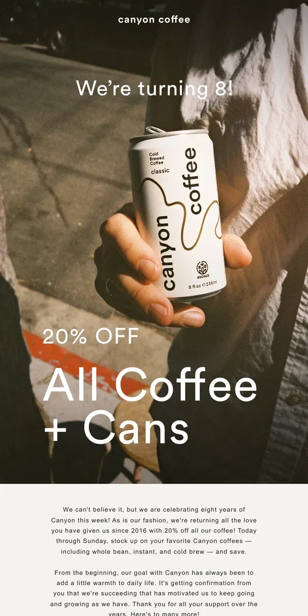 Email from Canyon Coffee. 20% Off Anniversary Sale!