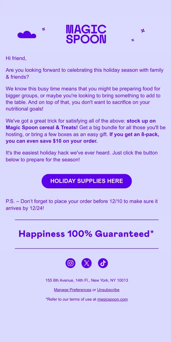 Email from Magic Spoon Cereal. A tip to make the holidays a little easier...✨