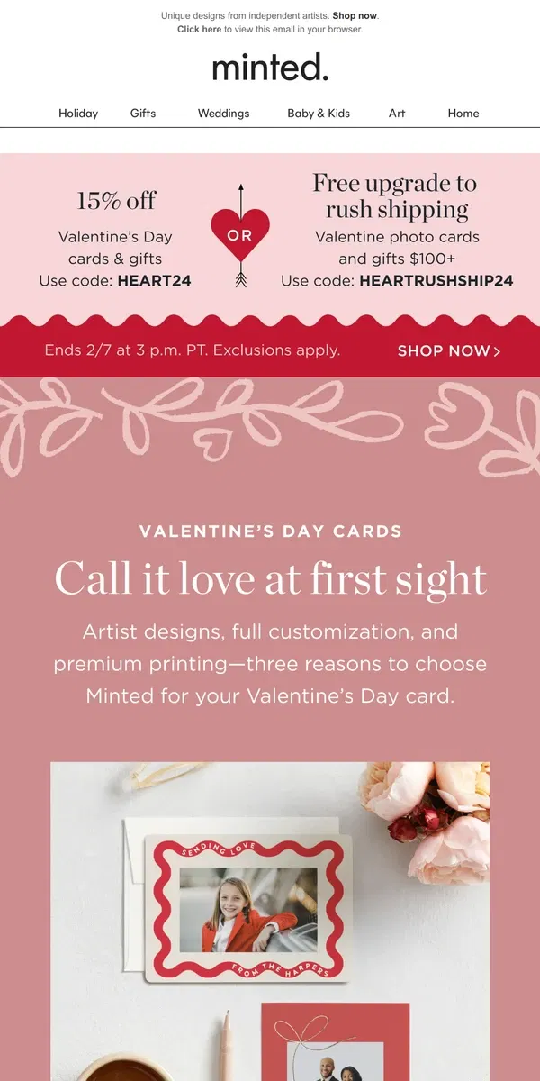 Email from Minted. 15% off fully customizable V-Day cards