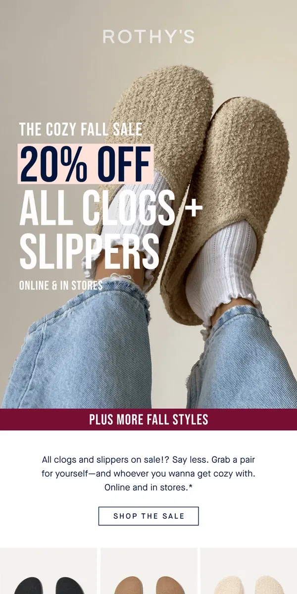 Email from Rothy's. ALL clogs & slippers are 20% off!