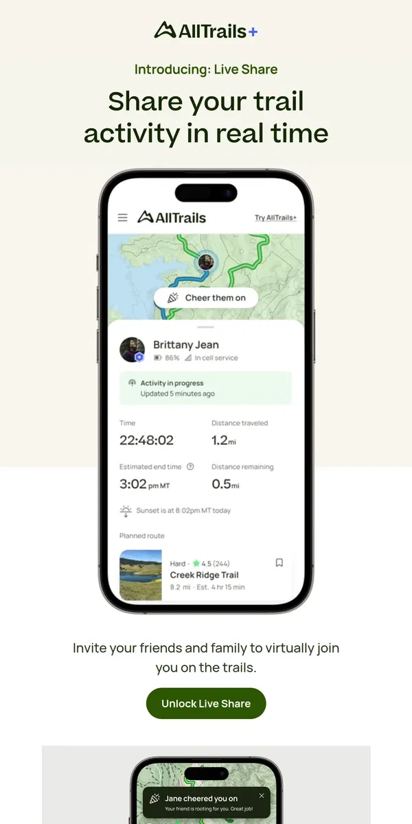 Email from AllTrails. Introducing: Live Share