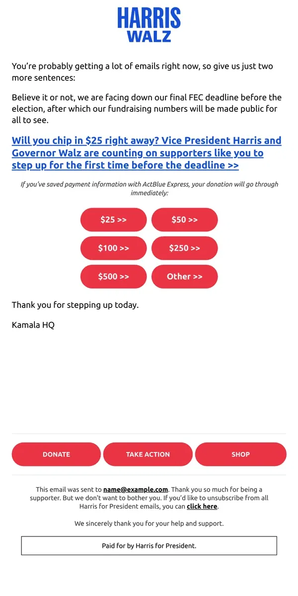 Email from Kamala Harris. This is a really short email… (don’t delete)