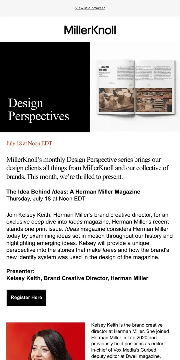 Email from Herman Miller. Reminder: Join Us on July 18 for MillerKnoll’s Design Perspectives Series