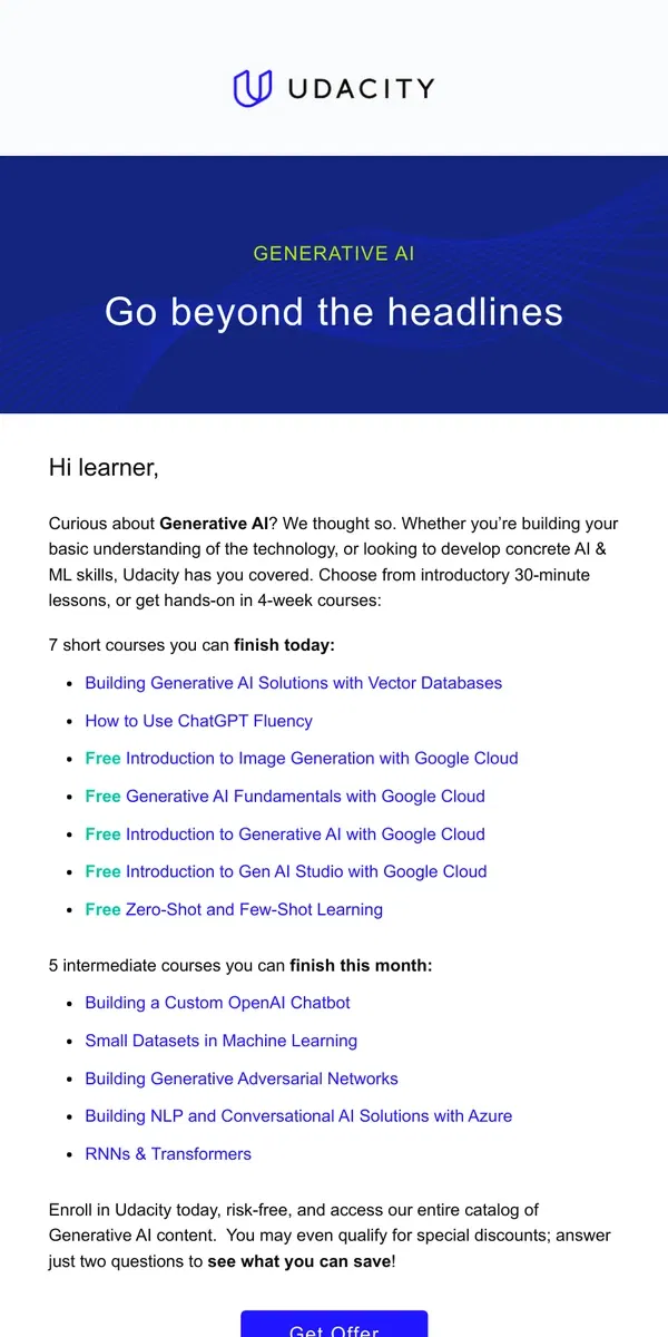 Email from Udacity. Hot courses in Generative AI