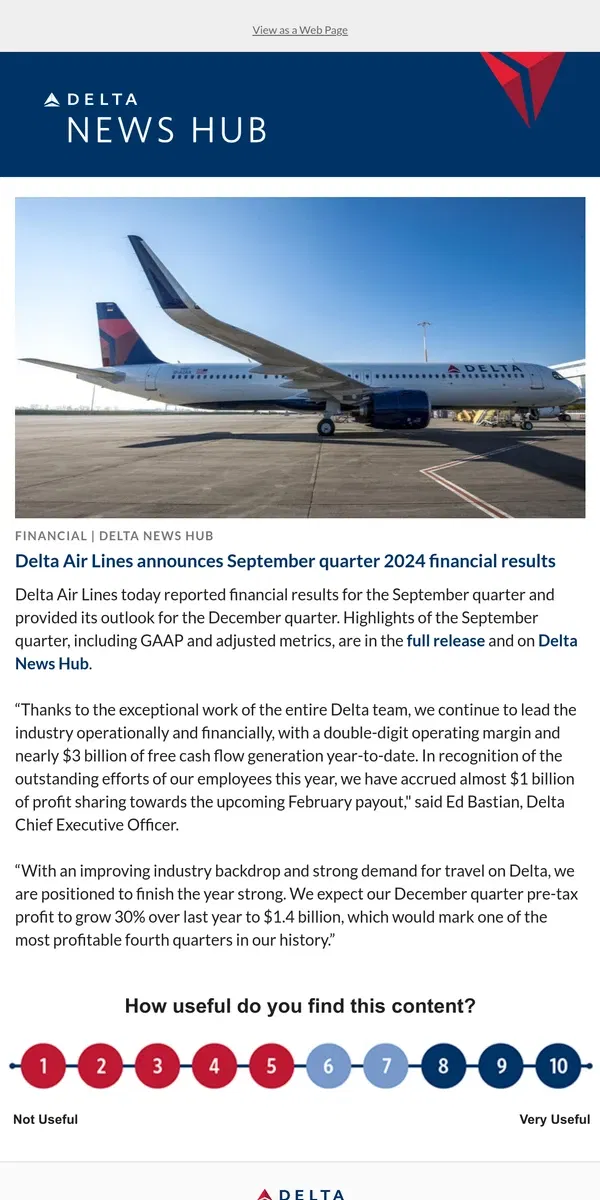 Email from Delta Air Lines. Delta Air Lines announces September quarter 2024 financial results