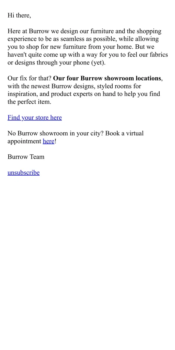 Email from Burrow. See it IRL at your local Burrow showroom