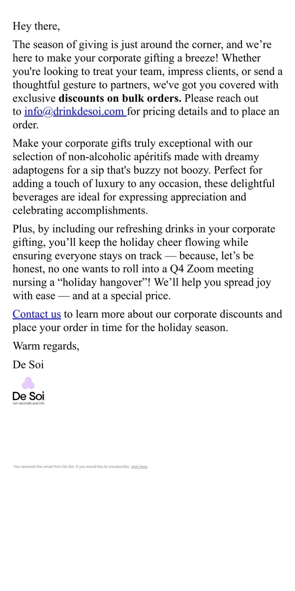 Email from De Soi. Get bulk discounts on the perfect corporate gifts