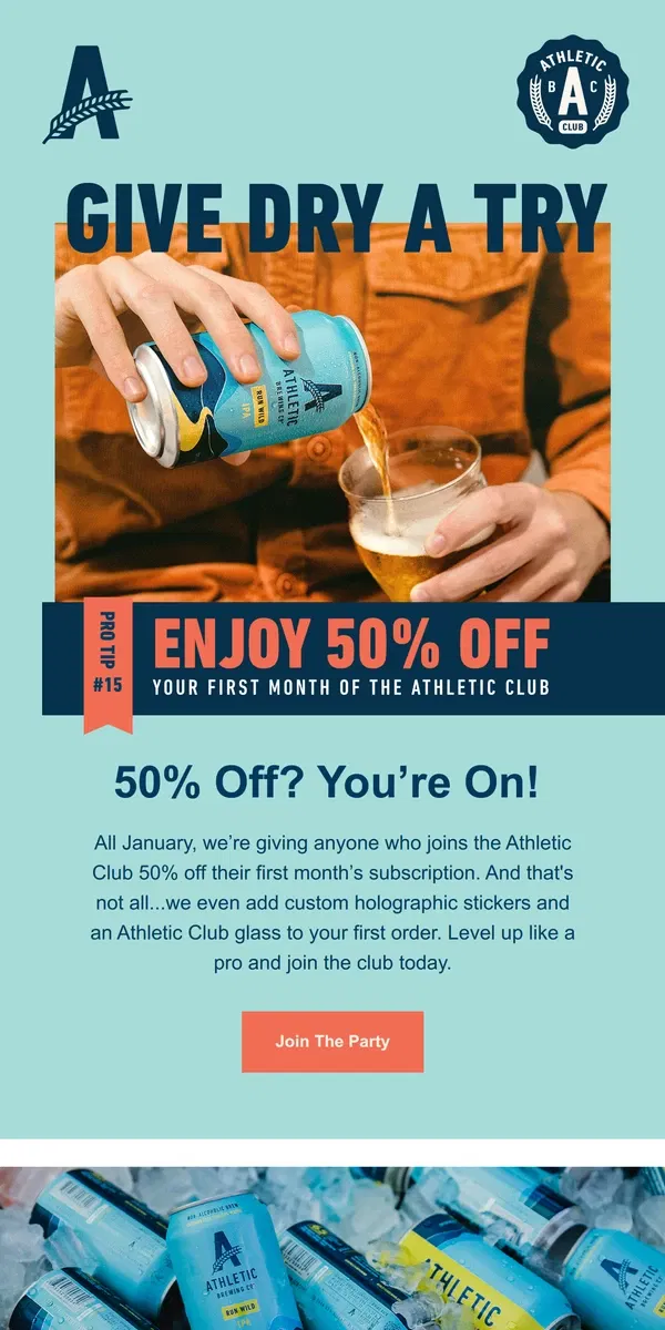 Email from Athletic Brewing Co. Up your game with 50% Off the Athletic Club