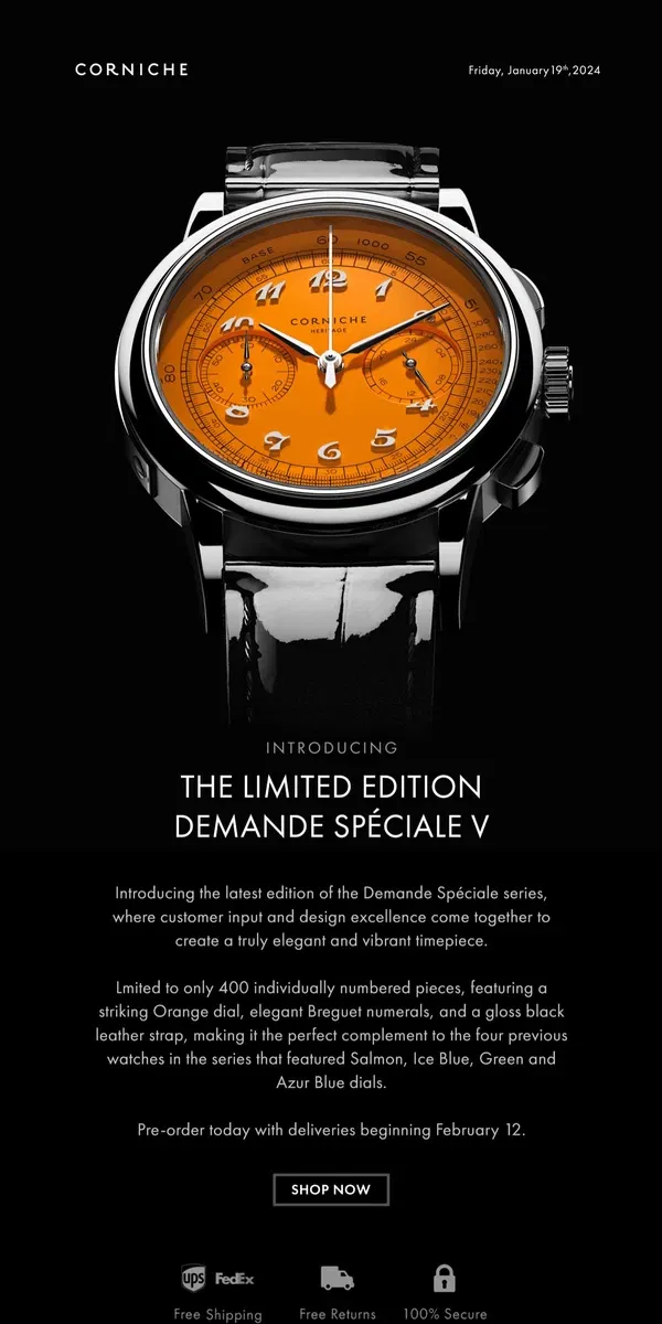 Email from Corniche Watches. Introducing The Limited Edition Demande Spéciale V