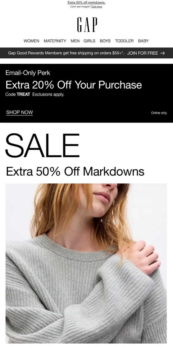 Email from GAP. Congrats! We're giving you 50% off MARKDOWNS