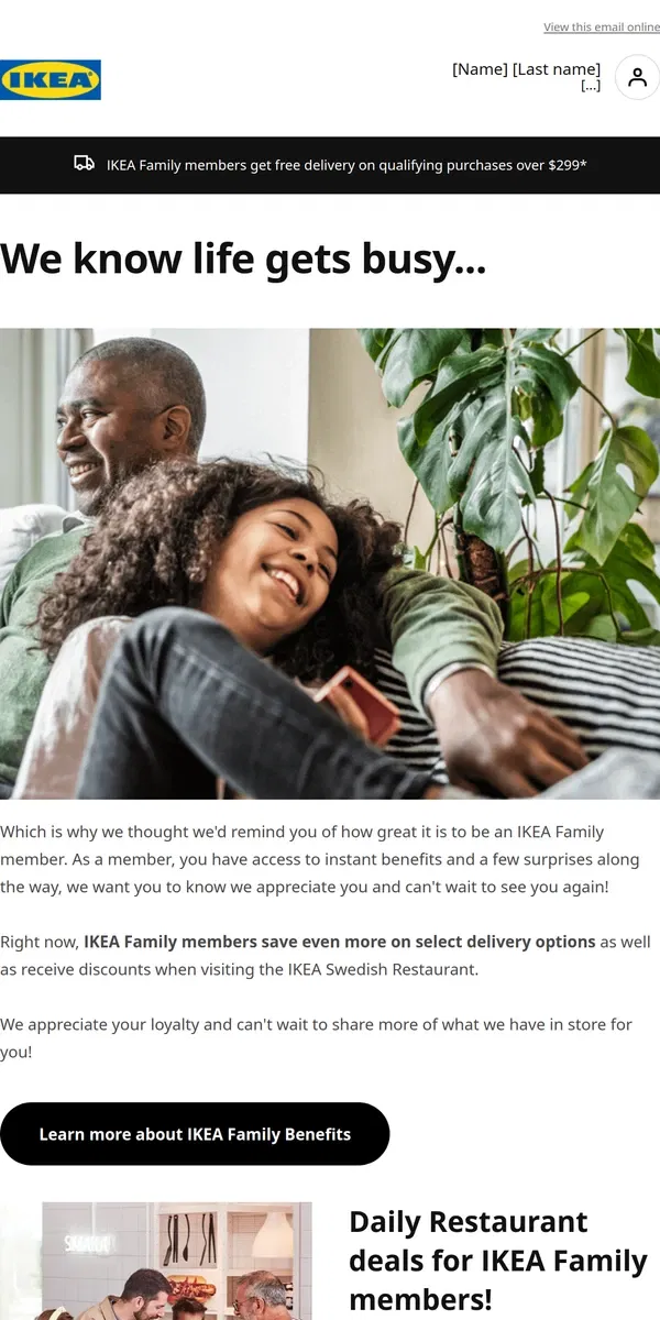 Email from IKEA. Hej [Name], a reminder about your IKEA Family benefits. 💙