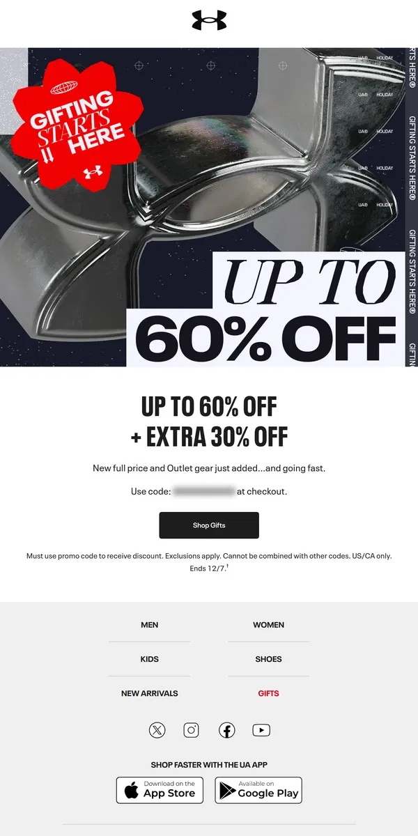 Email from Under Armour. Up to 60% off still going strong…