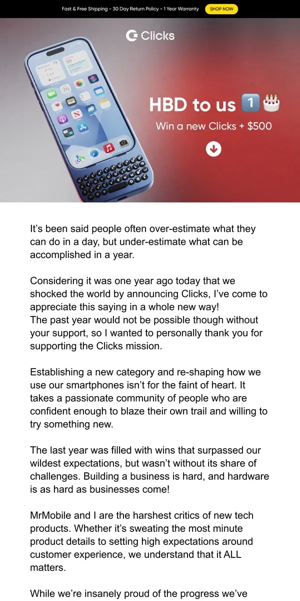 Email from Clicks. Happy Birthday to CLICKS! 🎂