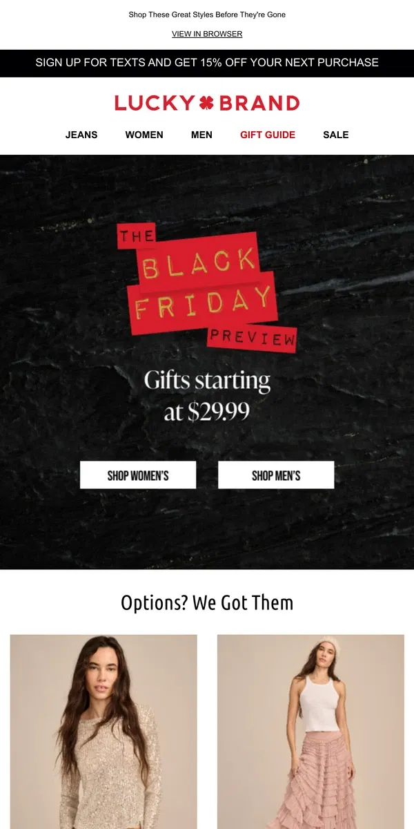 Email from Lucky Brand. Black Friday Preview: Gifts Starting At $29.99