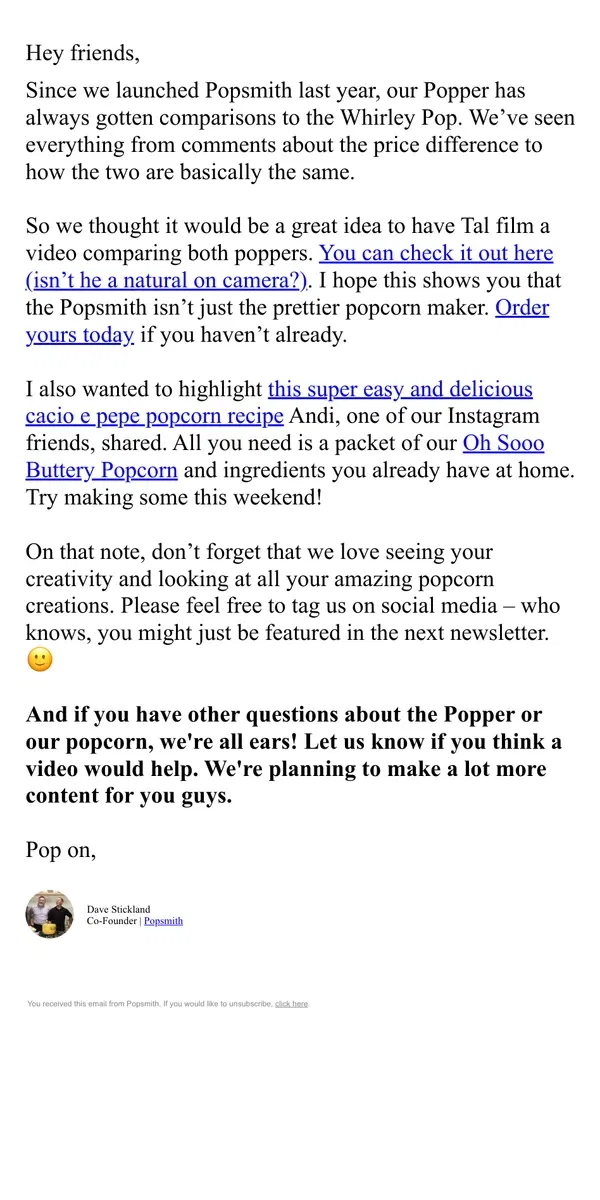 Email from Popsmith. Popsmith vs. Whirley Pop