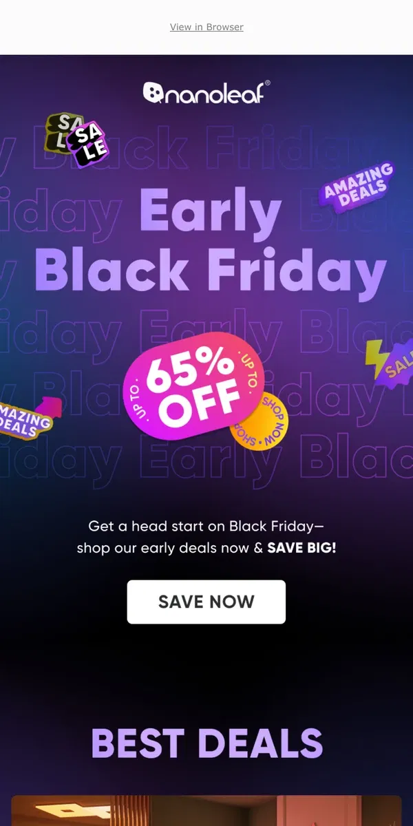 Email from Nanoleaf. Up to 65% Off: Black Friday Starts Early!