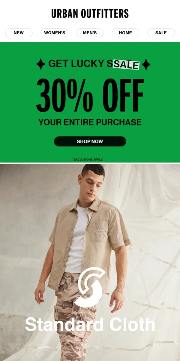 Email from Urban Outfitters. Standard Cloth must-haves + 30% OFF!