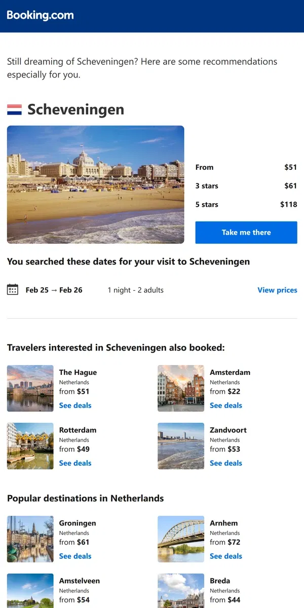 Email from Booking.com. A stay in Scheveningen from $51 – now that's a good price!