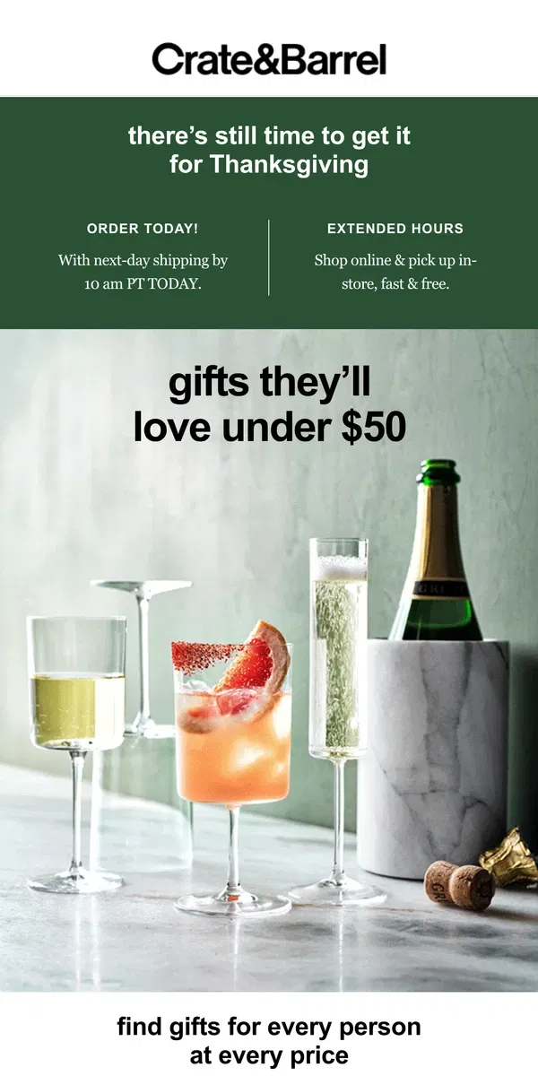 Email from Crate & Barrel. Open for wow-worthy gifts under $50!