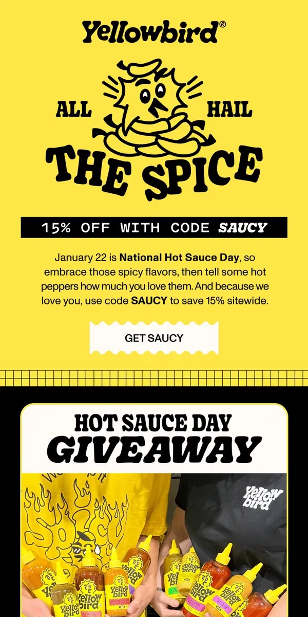 Email from Yellowbird. Hot Sauce Day = Spicy Joy + 15% Off 🌶️